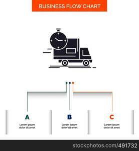 delivery, time, shipping, transport, truck Business Flow Chart Design with 3 Steps. Glyph Icon For Presentation Background Template Place for text.. Vector EPS10 Abstract Template background