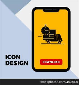 delivery, time, shipping, transport, truck Glyph Icon in Mobile for Download Page. Yellow Background. Vector EPS10 Abstract Template background