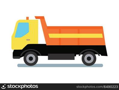 Delivery Tipper Truck. Delivery tipper truck transportation. Tipper with yellow cabin and orange vehicle. Cargo truck. Tipper dumper business truck transportation sand. Vector illustration in flat style design.