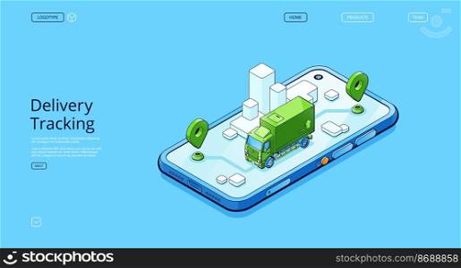 Delivery tracking banner. Online service for track cargo shipment and freight transportation. Vector landing page with isometric mobile phone with map application and truck. Delivery online tracking service banner