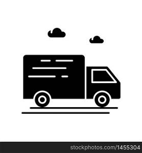 Delivery truck black glyph icon. Fast cargo shipping. Merchandise distribution. Goods and food export by transport. Courier car service. Silhouette symbol on white space. Vector isolated illustration. Delivery truck black glyph icon