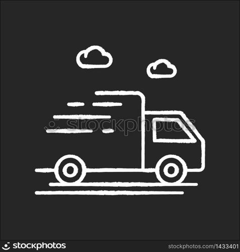 Delivery truck chalk white icon on black background. Fast cargo shipping. Merchandise distribution. Goods export by transport. Express ground transportation. Isolated vector chalkboard illustration. Delivery truck chalk white icon on black background