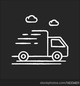 Delivery truck chalk white icon on black background. Fast cargo shipping. Merchandise distribution. Goods export by transport. Express ground transportation. Isolated vector chalkboard illustration. Delivery truck chalk white icon on black background