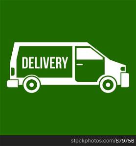 Delivery truck icon white isolated on green background. Vector illustration. Delivery truck icon green