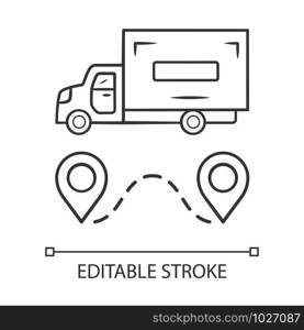 Delivery truck linear icon. Cargo shipping lorry. Freight transportation auto. Heavy goods delivery van. Postal service vehicle. Thin line illustration. Vector isolated outline drawing Editable stroke