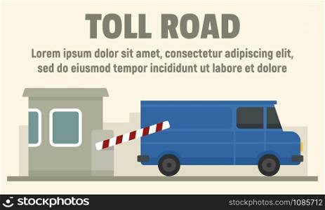 Delivery truck on toll road concept banner. Flat illustration of delivery truck on toll road vector concept banner for web design. Delivery truck on toll road concept banner, flat style
