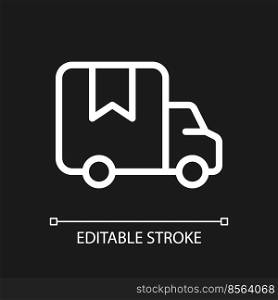 Delivery truck pixel perfect white linear ui icon for dark theme. Transporting goods, products. Vector line pictogram. Isolated user interface symbol for night mode. Editable stroke. Arial font used. Delivery truck pixel perfect white linear ui icon for dark theme