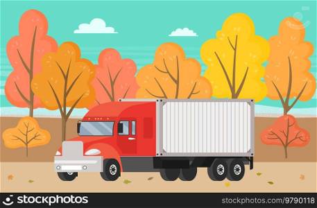 Delivery truck rides on road against background of autumn trees. Wagon with trailer for transporting goods worldwide. Vehicle for transportation and shipping. Delivery of parcels by transport. Delivery truck rides on road near autumn trees. Wagon with trailer for transporting goods worldwide