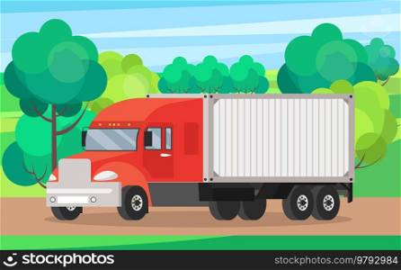 Delivery truck rides on road against background of autumn trees. Wagon with trailer for transporting goods worldwide. Vehicle for transportation and shipping. Delivery of parcels by transport. Delivery truck rides on road near autumn trees. Wagon with trailer for transporting goods worldwide