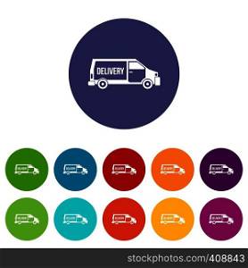 Delivery truck set icons in different colors isolated on white background. Delivery truck set icons