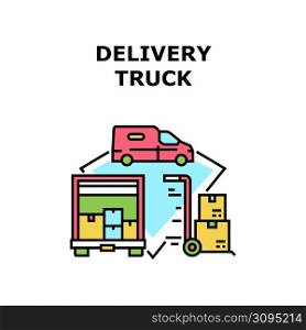 Delivery Truck Vector Icon Concept. Delivery Truck For Quickly Transportation Parcel Cardboard To Or Customer, Cart Equipment For Carrying Box In Storage Warehouse Color Illustration. Delivery Truck Vector Concept Color Illustration