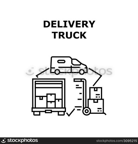Delivery Truck Vector Icon Concept. Delivery Truck For Quickly Transportation Parcel Cardboard To Or Customer, Cart Equipment For Carrying Box In Storage Warehouse Black Illustration. Delivery Truck Vector Concept Black Illustration