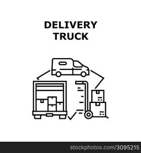 Delivery Truck Vector Icon Concept. Delivery Truck For Quickly Transportation Parcel Cardboard To Or Customer, Cart Equipment For Carrying Box In Storage Warehouse Black Illustration. Delivery Truck Vector Concept Black Illustration