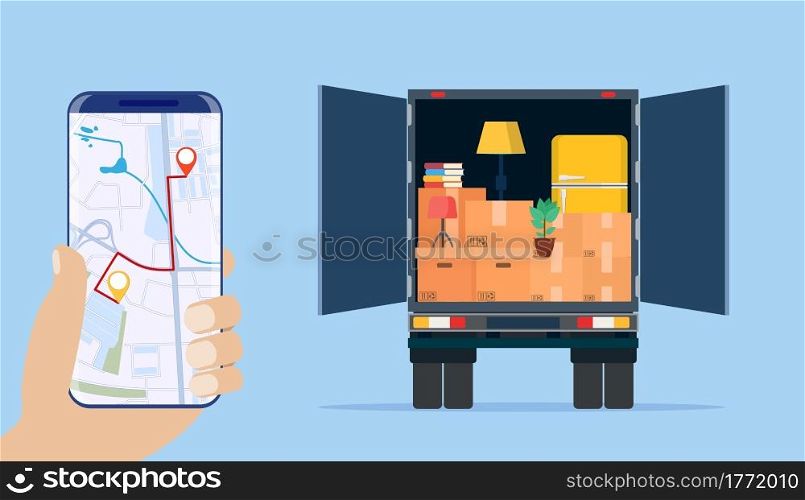 Delivery truck with household items, smartphone with map. Moving to new house. Family relocated to new home. Boxes with goods. Package transportation. Internet courier order. Flat vector illustration. Delivery truck with household items,