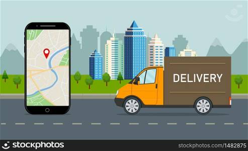 Delivery truck with online service in mobile app. Logistic route of lorry in city. Parcel shipment in mobile application. Order tracking on screen phone. Van truck deliver goods on warehouse. vector. Delivery truck with online service in mobile app. Logistic route of lorry in city. Parcel shipment in mobile application. Order tracking on screen phone. Van truck deliver goods on warehouse. vector.