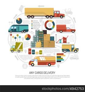 Delivery Trucks Illustration. Big and small trucks delivering cargo of any size flat vector illustration