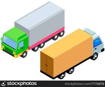 Delivery trucks isolated on white background. Wagons with trailers for transporting goods worldwide. Vehicle for transpportation and shipping. Delivery of parcels by transport. Postal cargo trucks. Vehicle for transpportation and shipping. Delivery of parcels by transport. Postal cargo trucks