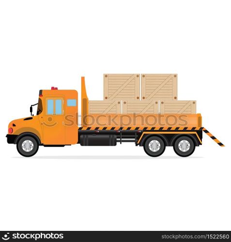 Delivery trucks with wooden boxes,The truck of transport company on cargo delivery.Transportation of loads the car with boxes, vector illustration.