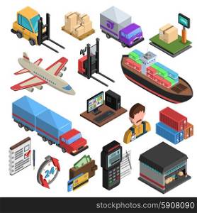 Delivery Types Isometric Icons Set. Delivery types and logistic chain isometric icons with loader truck ship aircraft container warehouse weighing machine isolated vector illustration