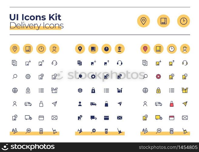 Delivery UI icons kit. Courier service thin line, glyph and color vector symbols set. Order track. Cargo distribution mobile app buttons in orange circles pack. Web design elements collection. Delivery UI icons kit