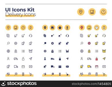 Delivery UI icons kit. Courier service thin line, glyph and color vector symbols set. Order track. Cargo distribution mobile app buttons in orange circles pack. Web design elements collection. Delivery UI icons kit