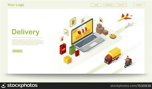Delivery web page vector template with isometric illustration. Freight and cargo shipment. Website interface design idea. Landing page layout. Web banner, webpage color 3d concept . Delivery web page vector template with isometric illustration