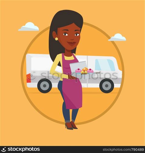 Delivery woman holding a box of cakes. Baker delivering cakes. Woman with cupcakes standing on the background of delivery truck. Vector flat design illustration in the circle isolated on background.. Baker delivering cakes vector illustration.