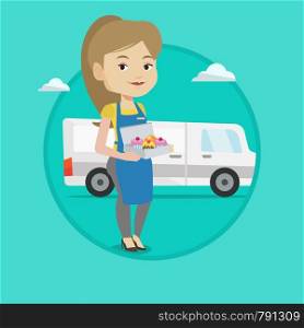 Delivery woman holding a box of cakes. Baker delivering cakes. Woman with cupcakes standing on the background of delivery truck. Vector flat design illustration in the circle isolated on background.. Baker delivering cakes vector illustration.