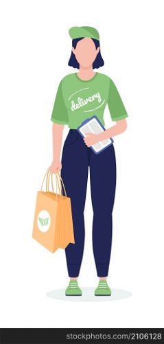Delivery woman in green uniform semi flat color vector character. Posing figure. Full body person on white. Eco service isolated modern cartoon style illustration for graphic design and animation. Delivery woman in green uniform semi flat color vector character