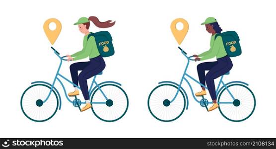 Delivery woman on bike semi flat color vector character set. Posing figure. Full body people on white. Shipping isolated modern cartoon style illustration for graphic design and animation bundle. Delivery woman on bike semi flat color vector character set