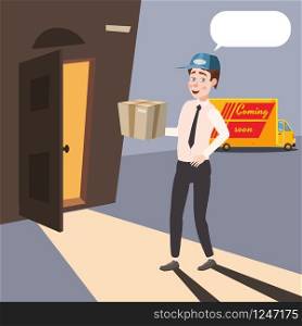 Delivery worker brings a parcel, cartoon style, isolated. Delivery worker brings a parcel, cartoon style, isolated, vector
