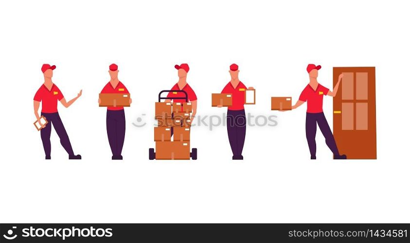 Delivery worker people illustration vector set with box service. Business man in uniform courier shipping job logistic. Cargo express character isolated. Mail container order post concept