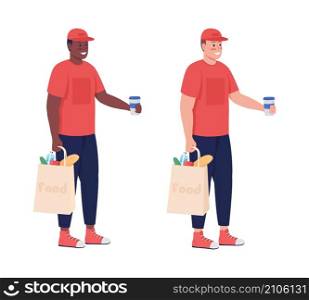 Delivery worker with food semi flat color vector character set. Standing figure. Full body people on white. Service isolated modern cartoon illustration for graphic design and animation collection. Delivery worker with food semi flat color vector character set