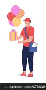 Delivery worker with present semi flat color vector character. Posing figure. Full body person on white. Birthday gift isolated modern cartoon style illustration for graphic design and animation. Delivery worker with present semi flat color vector character