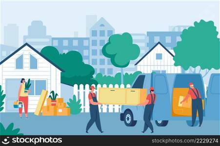 Delivery workers carrying furniture to house. Woman moving to new home, relocation. Carriers shipping shelf from van. Movers unloading cardboard boxes, logistics and shipping concept vector. Delivery workers carrying furniture to house. Woman moving to new home, relocation. Carriers shipping