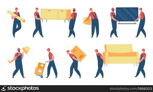 Delivery workers in uniform, loaders carrying boxes and furniture. Characters holding thing, couriers delivering packages vector set. Young men moving heavy sofa, television and lamp