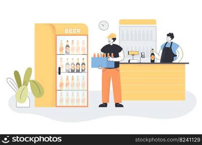 Deliveryman holding crate of fresh beer in shop. Courier carrying box with bottles of alcoholic drink, man at counter flat vector illustration. Alcohol, delivery concept for banner or landing web page