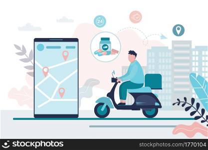 Deliveryman on motorcycle. Medical drugs delivery at home, online pharmacy. Medicine, healthcare and drugstore. Prescription medicines.Smartphone with navigation map and addresses. Vector illustration. Deliveryman on motorcycle. Medical drugs delivery at home, online pharmacy. Medicine, healthcare and drugstore.