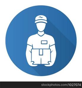 Deliveryman with parcel blue flat design long shadow glyph icon. Courier holding cardboard box. Postman with package. Delivery, postal service. Express shipping. Vector silhouette illustration