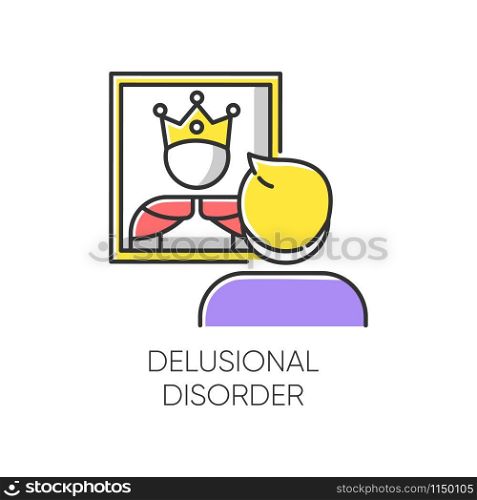 Delusional disorder color icon. Man in mirror reflection. Bizzare and false beliefs. Optical delusion. Megalomania. Clinical psychology. Mental illness. Isolated vector illustration