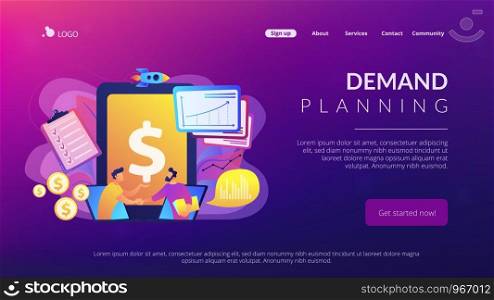 Demand analysts shaking hands from laptops screens and planning future demand. Demand planning, demand analytics, digital sales forecast concept. Website vibrant violet landing web page template.. Demand planning concept landing page.
