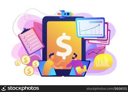 Demand analysts shaking hands from laptops screens and planning future demand. Demand planning, demand analytics, digital sales forecast concept. Bright vibrant violet vector isolated illustration. Demand planning concept vector illustration.