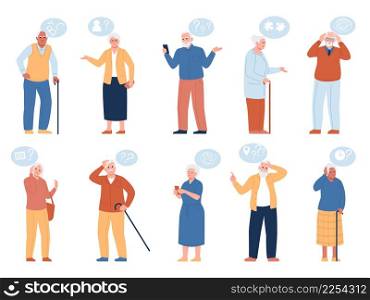 Dementia Alzheimer people. Elderly persons with memory loss or disorientation. Age changes brain activity. Retired men or women with mental disease. Cognitive disorder. Vector confusion characters set. Dementia Alzheimer people. Elderly persons with memory loss or disorientation. Age changes brain. Men or women with mental disease. Cognitive disorder. Vector confusion characters set