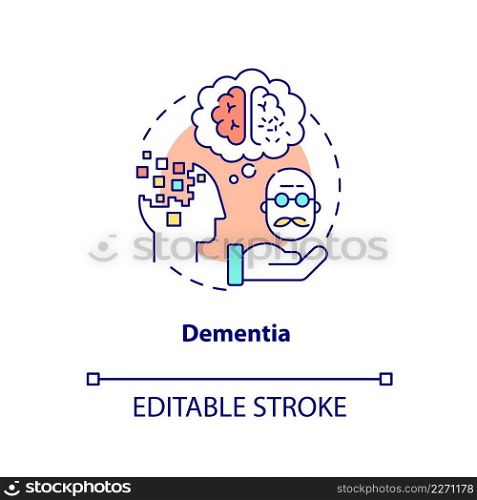 Dementia concept icon. Brain disorder. Illnesses to ask for palliative care abstract idea thin line illustration. Isolated outline drawing. Editable stroke. Arial, Myriad Pro-Bold fonts used. Dementia concept icon