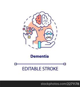 Dementia concept icon. Brain disorder. Illnesses to ask for palliative care abstract idea thin line illustration. Isolated outline drawing. Editable stroke. Arial, Myriad Pro-Bold fonts used. Dementia concept icon