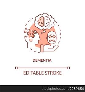 Dementia orange concept icon. Brain disorder. Illnesses to ask for palliative care abstract idea thin line illustration. Isolated outline drawing. Editable stroke. Arial, Myriad Pro-Bold fonts used. Dementia orange concept icon