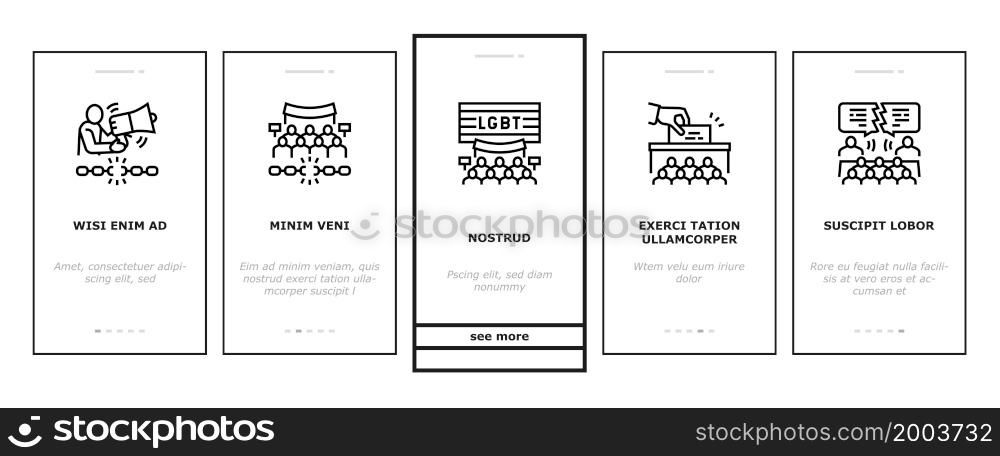 Democracy Government Politic Onboarding Mobile App Page Screen Vector. Democracy Parliament And Political Voting, Citizen Patriotism And Social Justice, Majority Rules Minority Rights Illustrations. Democracy Government Politic Onboarding Icons Set Vector