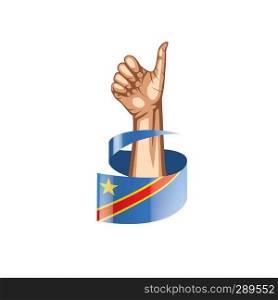 Democratic Republic of the Congo flag and hand on white background. Vector illustration.. Democratic Republic of the Congo flag and hand on white background. Vector illustration