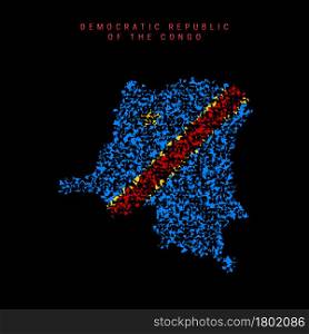 Democratic Republic of the Congo flag map, chaotic particles pattern in the colors of the DR Congo flag. Vector illustration isolated on black background.. Democratic Republic of the Congo flag map, chaotic particles pattern in the DR Congo flag colors. Vector illustration