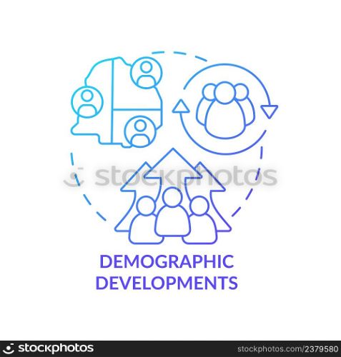Demographic developments blue gradient concept icon. Population change. Social planning example abstract idea thin line illustration. Isolated outline drawing. Myriad Pro-Bold fonts used. Demographic developments blue gradient concept icon